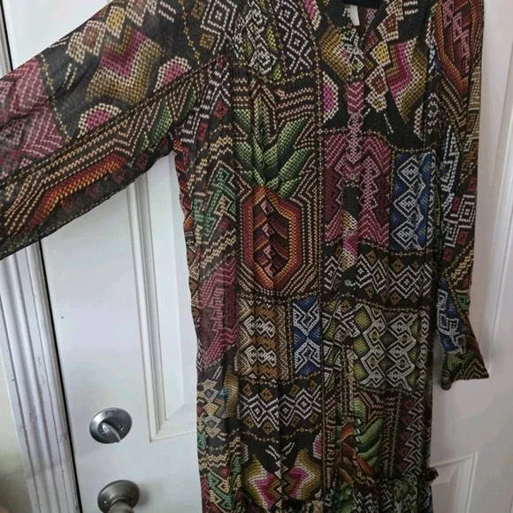 FARM Rio Rauti Maxi Dress XS Multi Abstract Tiered Long Sleeve, No Belt - Picture 13 of 13